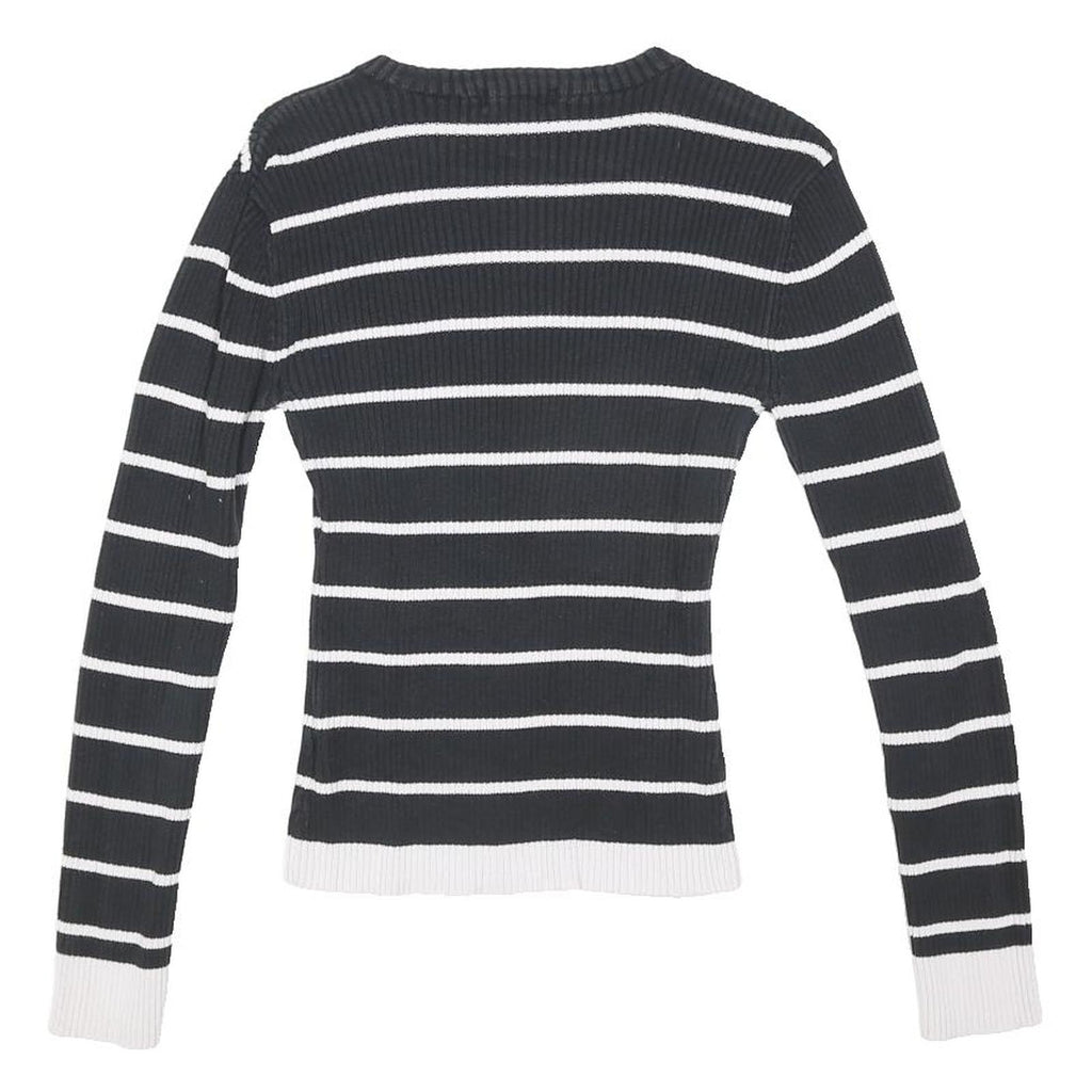 TOMMY HILFIGER Womens Black & White Striped Plain Crew Neck Basic Knit Jumper S