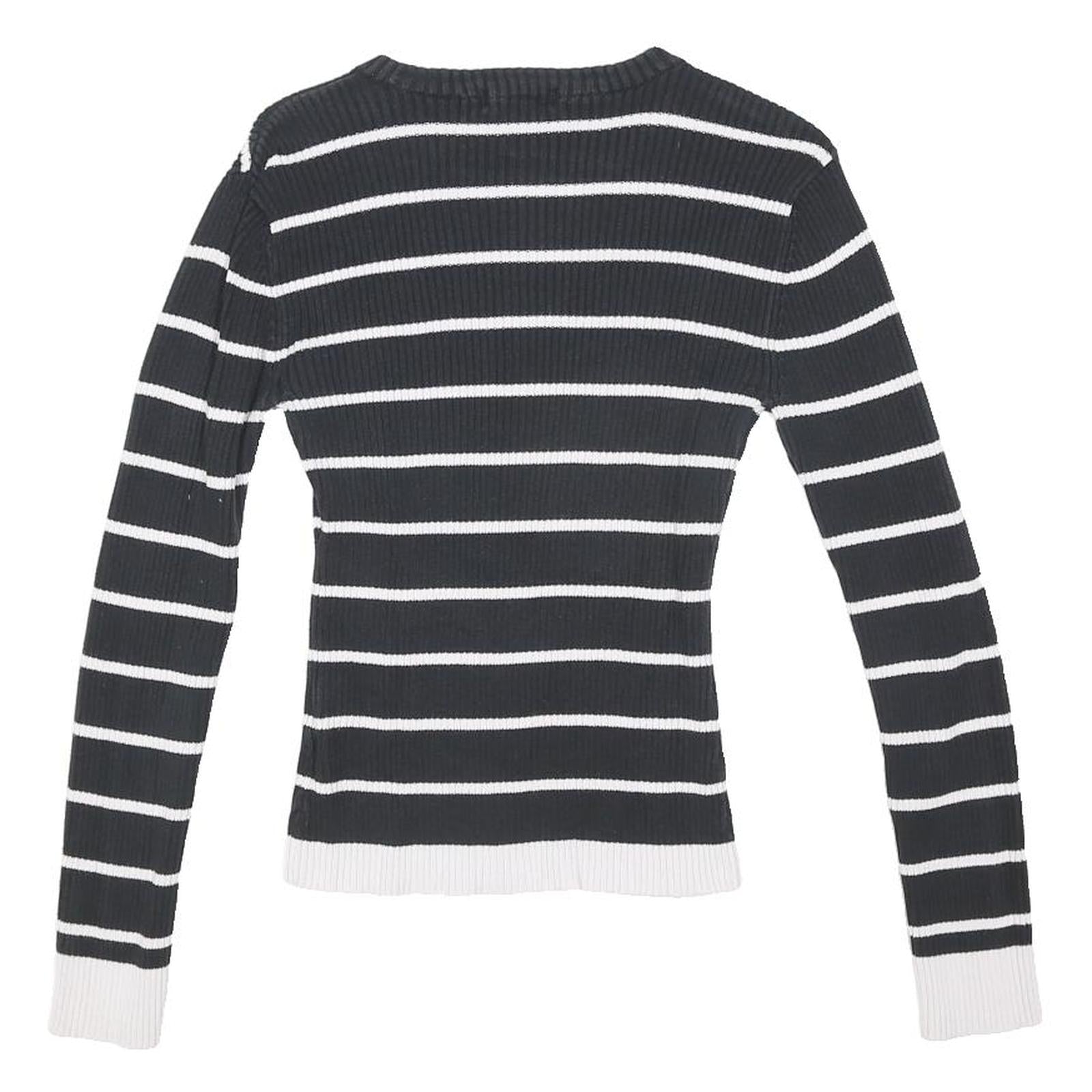 TOMMY HILFIGER Womens Black & White Striped Plain Crew Neck Basic Knit Jumper S