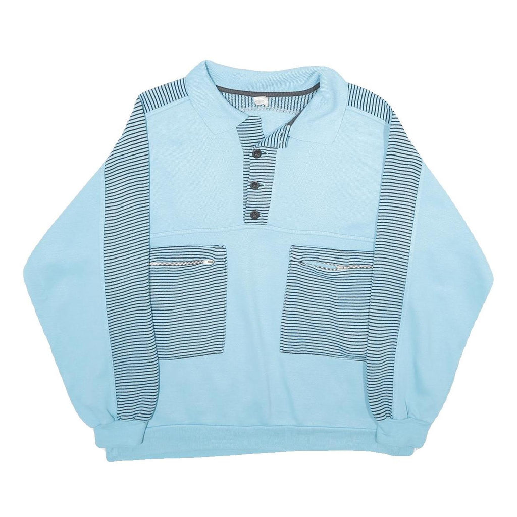 Mens Blue Sweatshirt Polo Collar S Striped Zip Pockets Cotton Blend Pullover