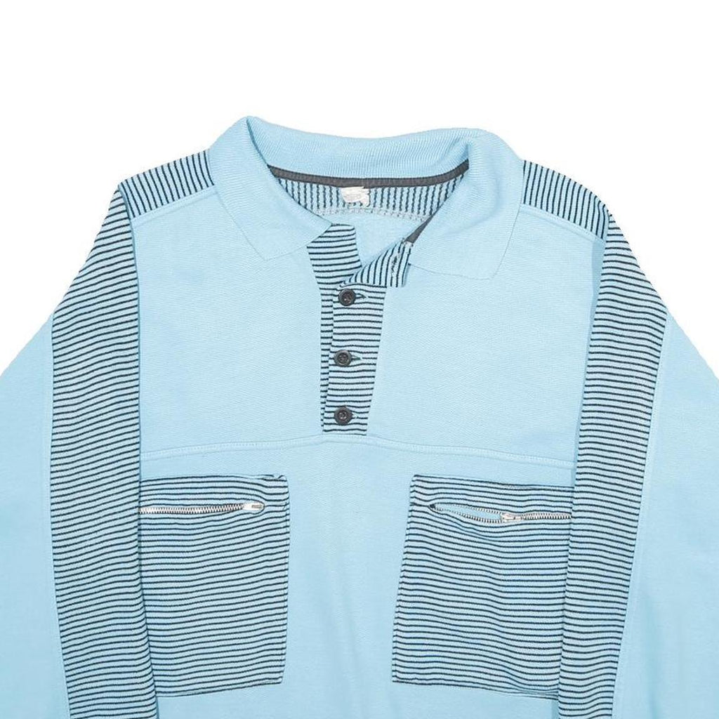 Mens Blue Sweatshirt Polo Collar S Striped Zip Pockets Cotton Blend Pullover