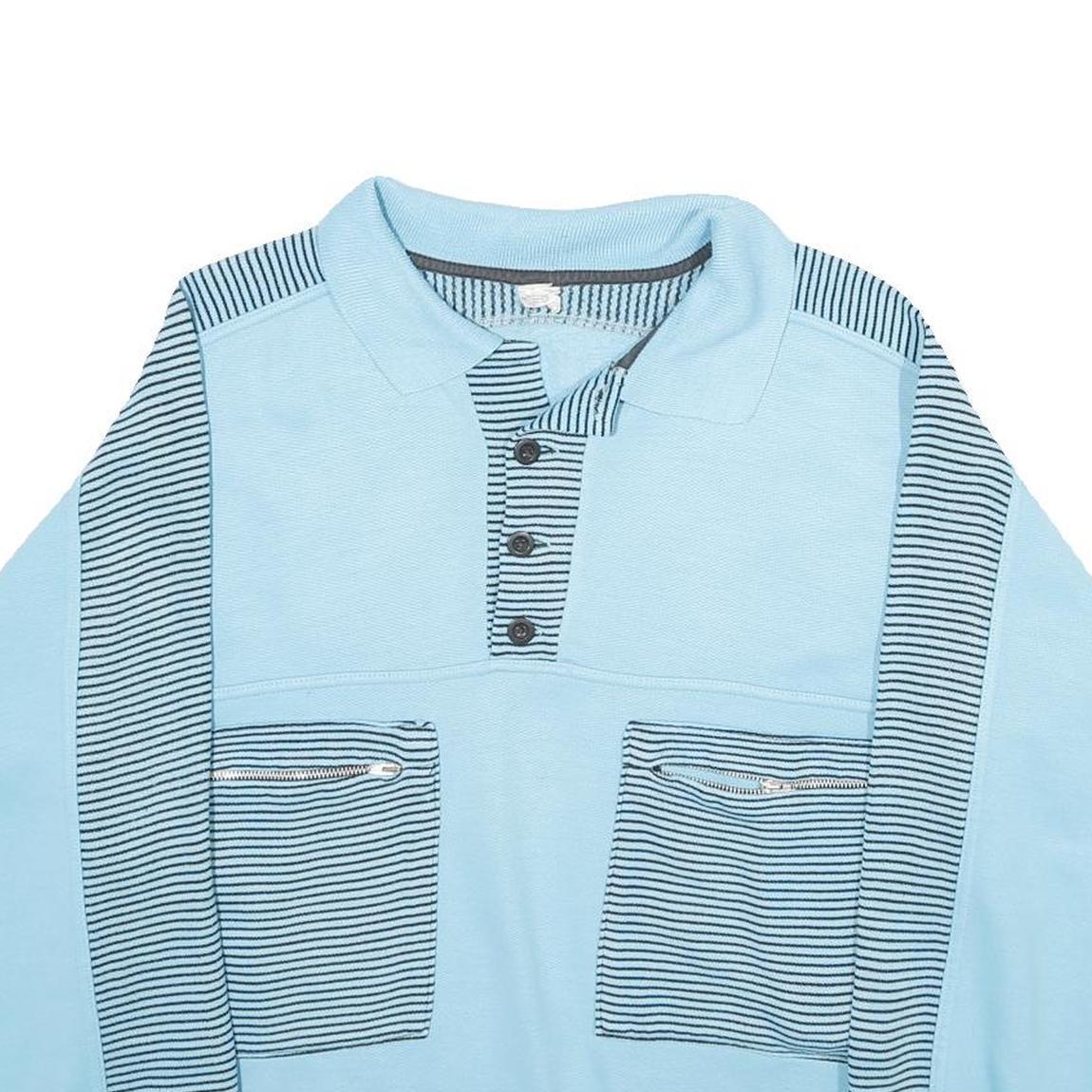 Mens Blue Sweatshirt Polo Collar S Striped Zip Pockets Cotton Blend Pullover