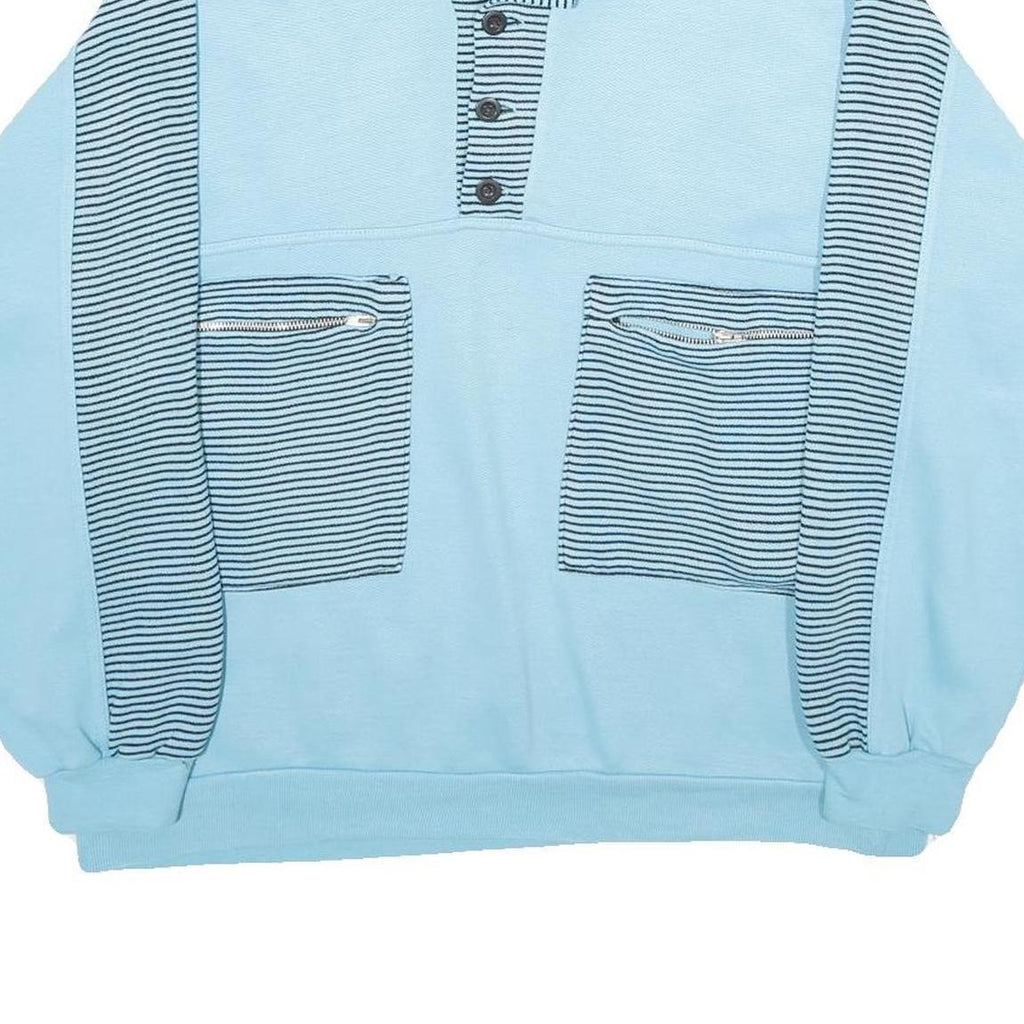 Mens Blue Sweatshirt Polo Collar S Striped Zip Pockets Cotton Blend Pullover