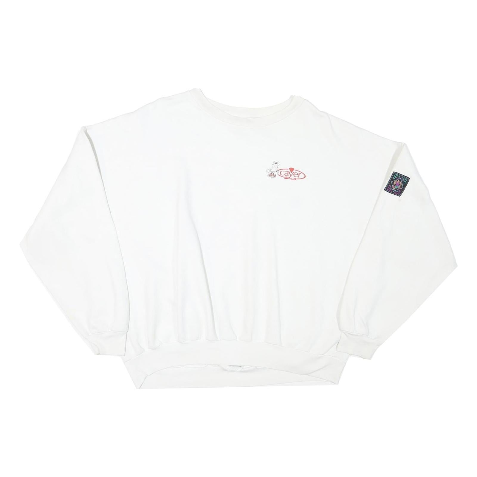 Mens White Sweatshirt Pullover L Cartoon Graphic Print Crew Neck Cotton Blend