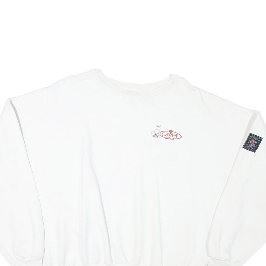 Mens White Sweatshirt Pullover L Cartoon Graphic Print Crew Neck Cotton Blend