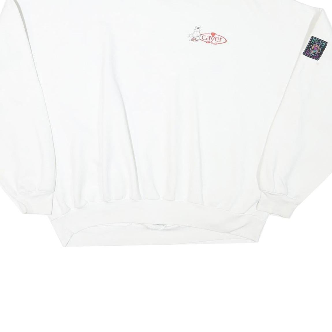 Mens White Sweatshirt Pullover L Cartoon Graphic Print Crew Neck Cotton Blend