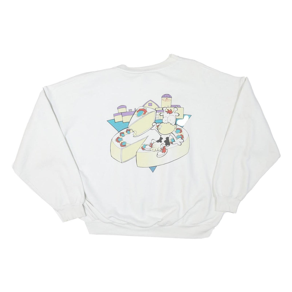 Mens White Sweatshirt Pullover L Cartoon Graphic Print Crew Neck Cotton Blend