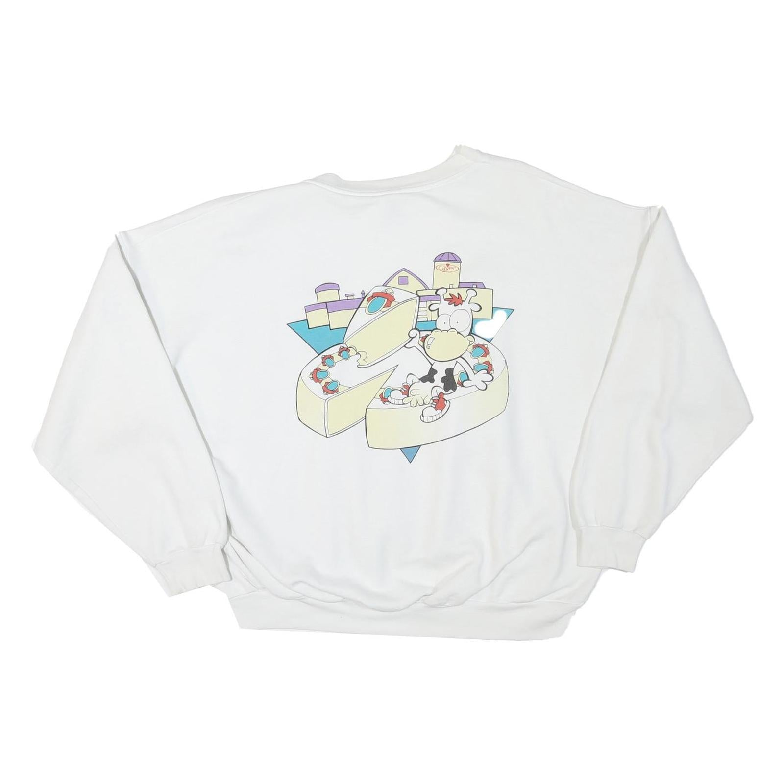 Mens White Sweatshirt Pullover L Cartoon Graphic Print Crew Neck Cotton Blend