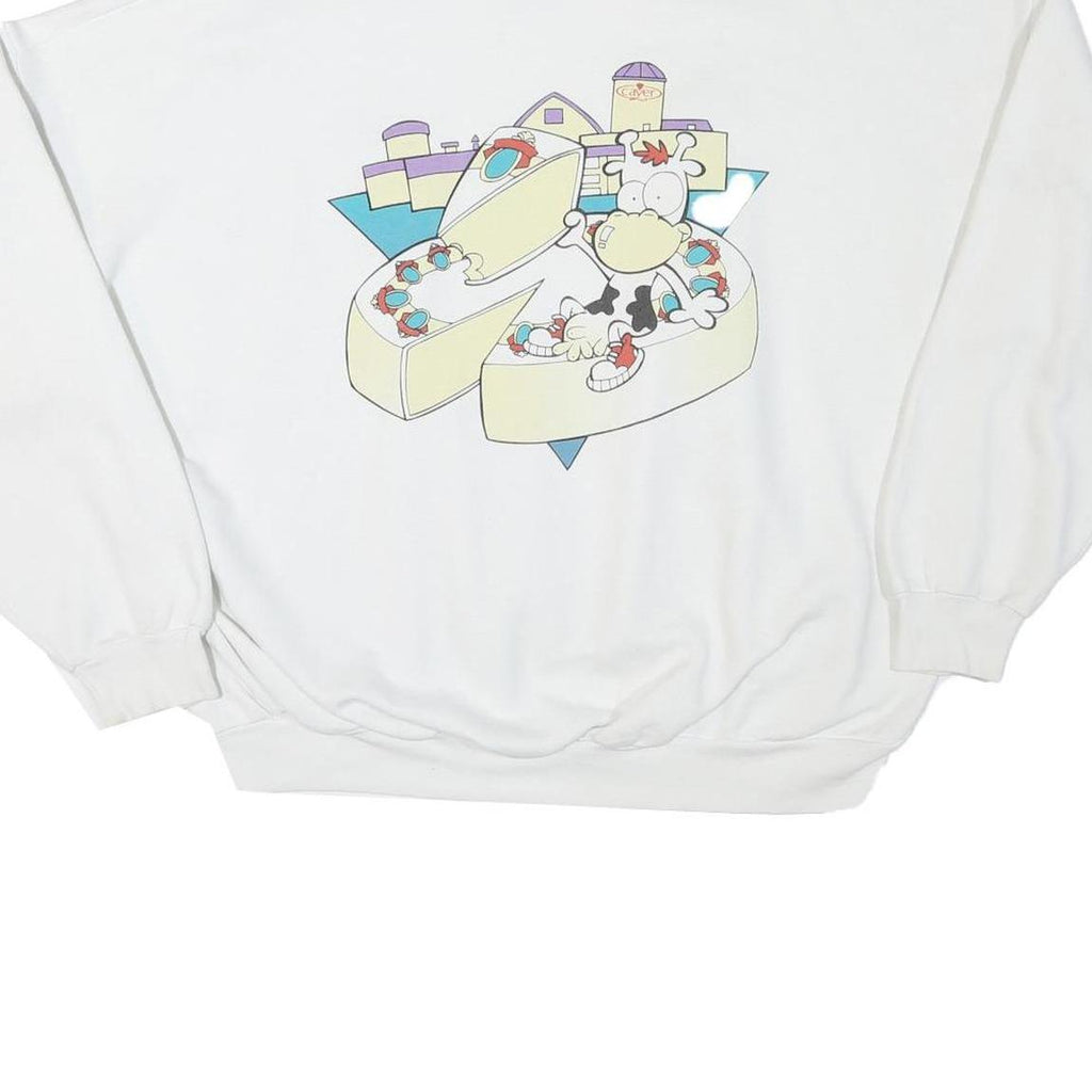Mens White Sweatshirt Pullover L Cartoon Graphic Print Crew Neck Cotton Blend