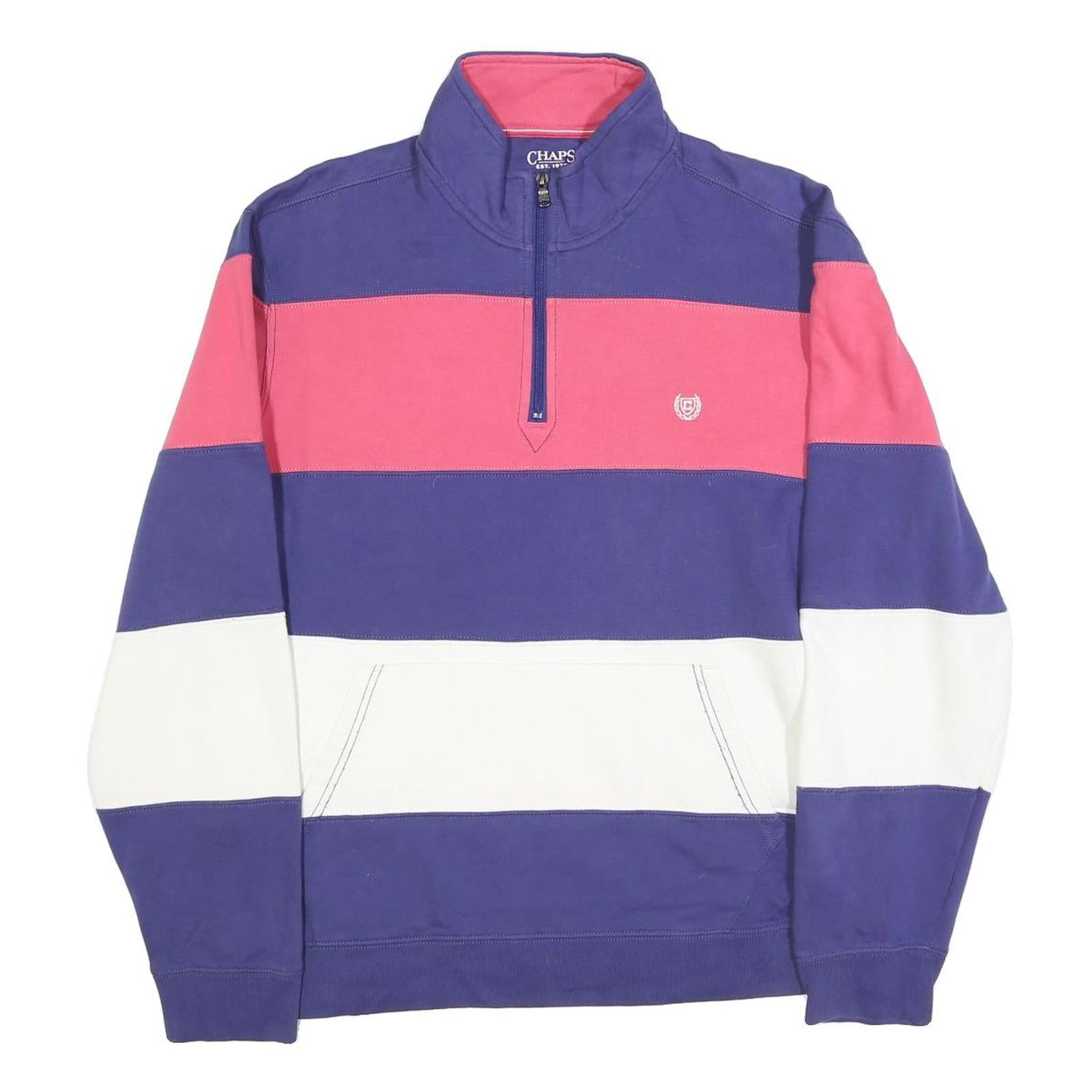 CHAPS Mens Blue & Pink & White Quarter Zip Sweatshirt XL Colour Block Casual