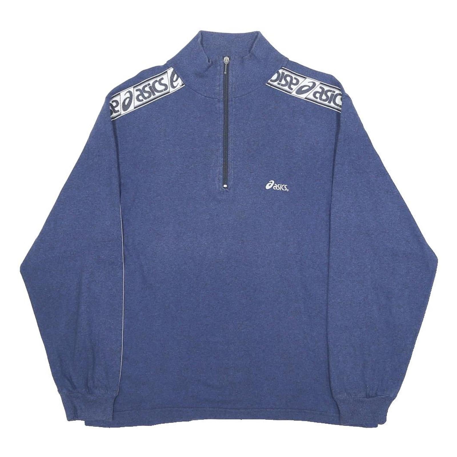 ASICS Mens Blue Half Zip M Cotton Blend Sweatshirt Logo Tape Shoulder