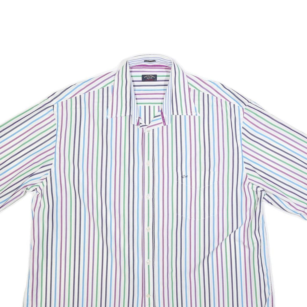 PAUL & SHARK Mens White & Multicolour Stripe Shirt XL Short Sleeve Cotton Casual