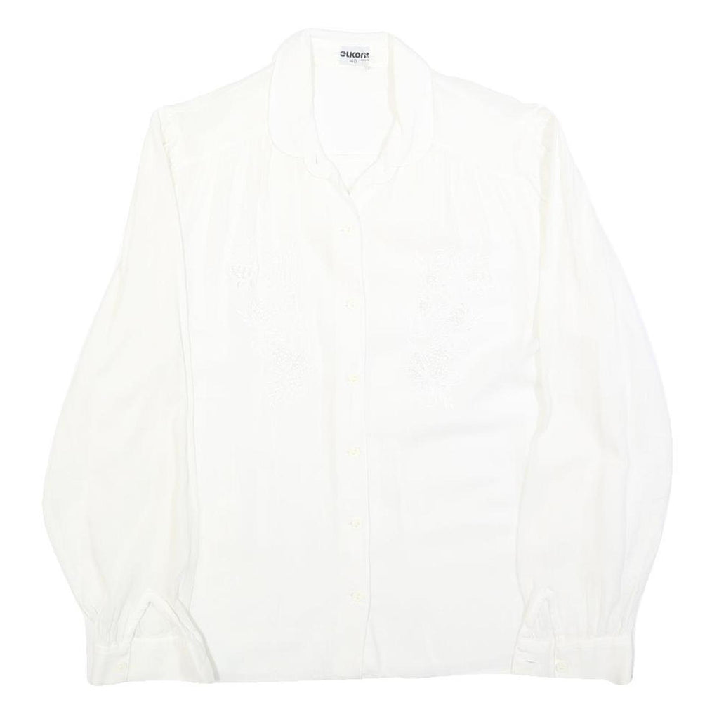 ELKONE Womens White Shirt M Embroidered Cotton Blend Long Sleeve Button