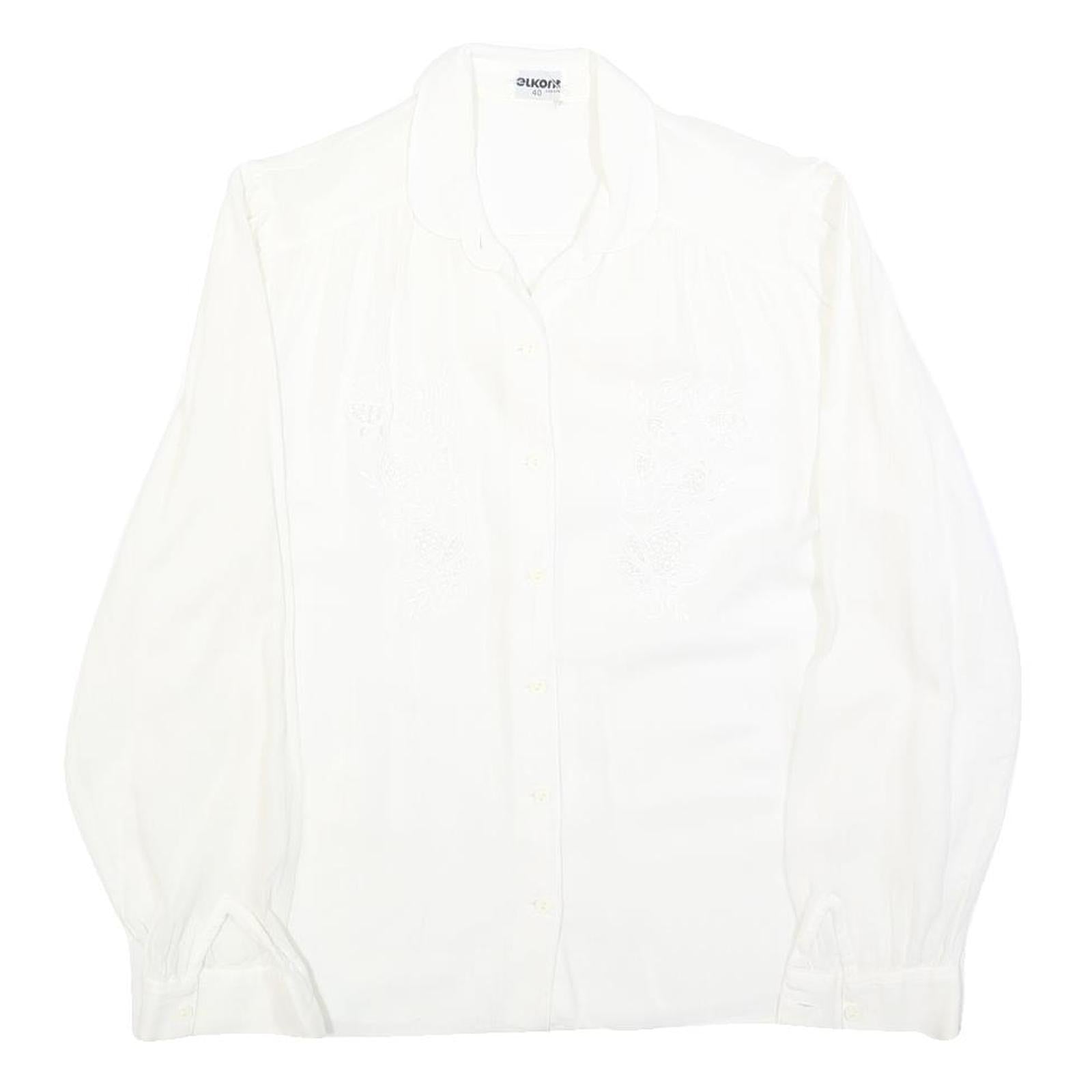 ELKONE Womens White Shirt M Embroidered Cotton Blend Long Sleeve Button