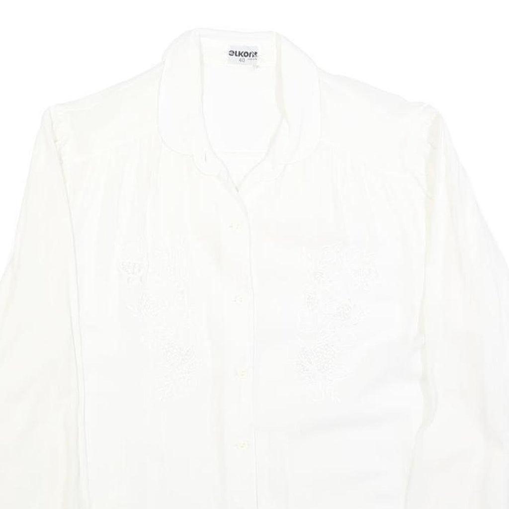 ELKONE Womens White Shirt M Embroidered Cotton Blend Long Sleeve Button