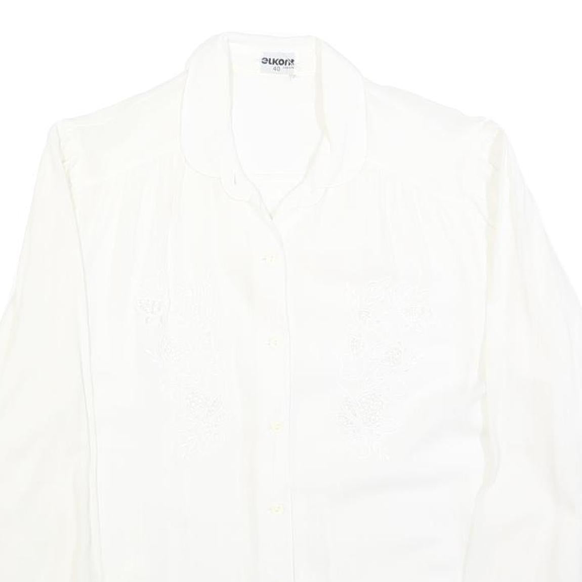 ELKONE Womens White Shirt M Embroidered Cotton Blend Long Sleeve Button