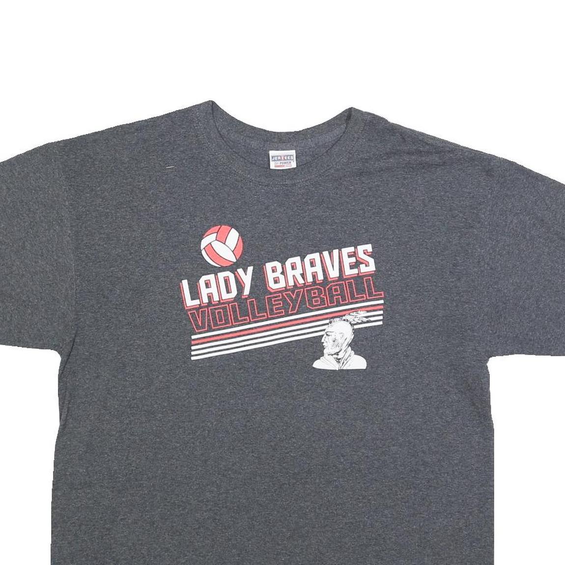 JERZEES Mens Grey Lady Braves Volleyball Graphic T-Shirt L Short Sleeve Crew