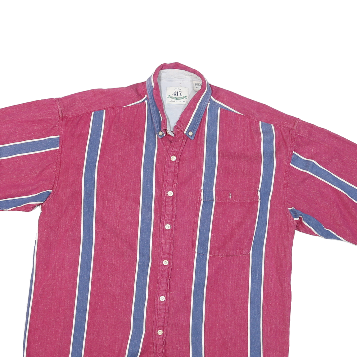 VAN HEUSEN Mens Red & Blue Striped Cotton Blend Shirt L Button-Down Collar Short