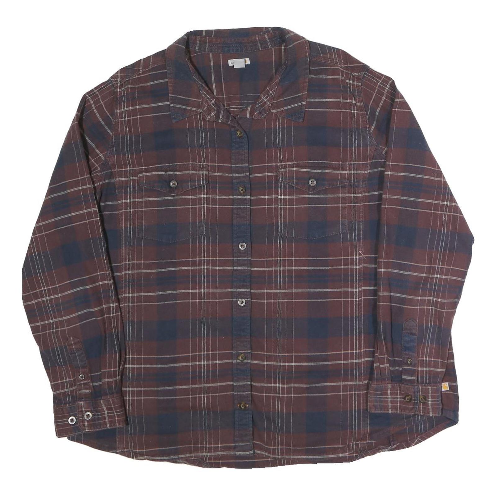 CARHARTT Womens Brown & Blue Plaid Cotton Blend Shirt 2XL Long Sleeve Button
