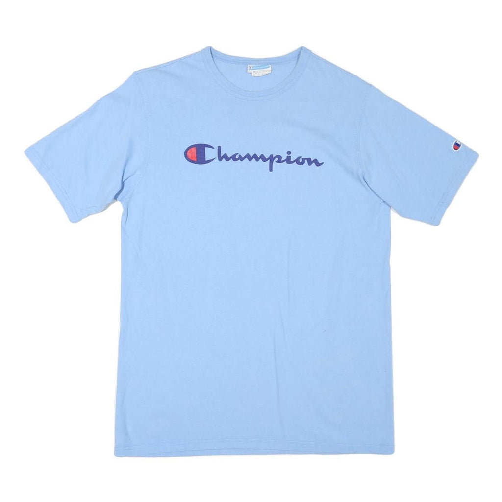 CHAMPION Mens Blue Graphic T-Shirt L Short Sleeve Crew Neck Logo
