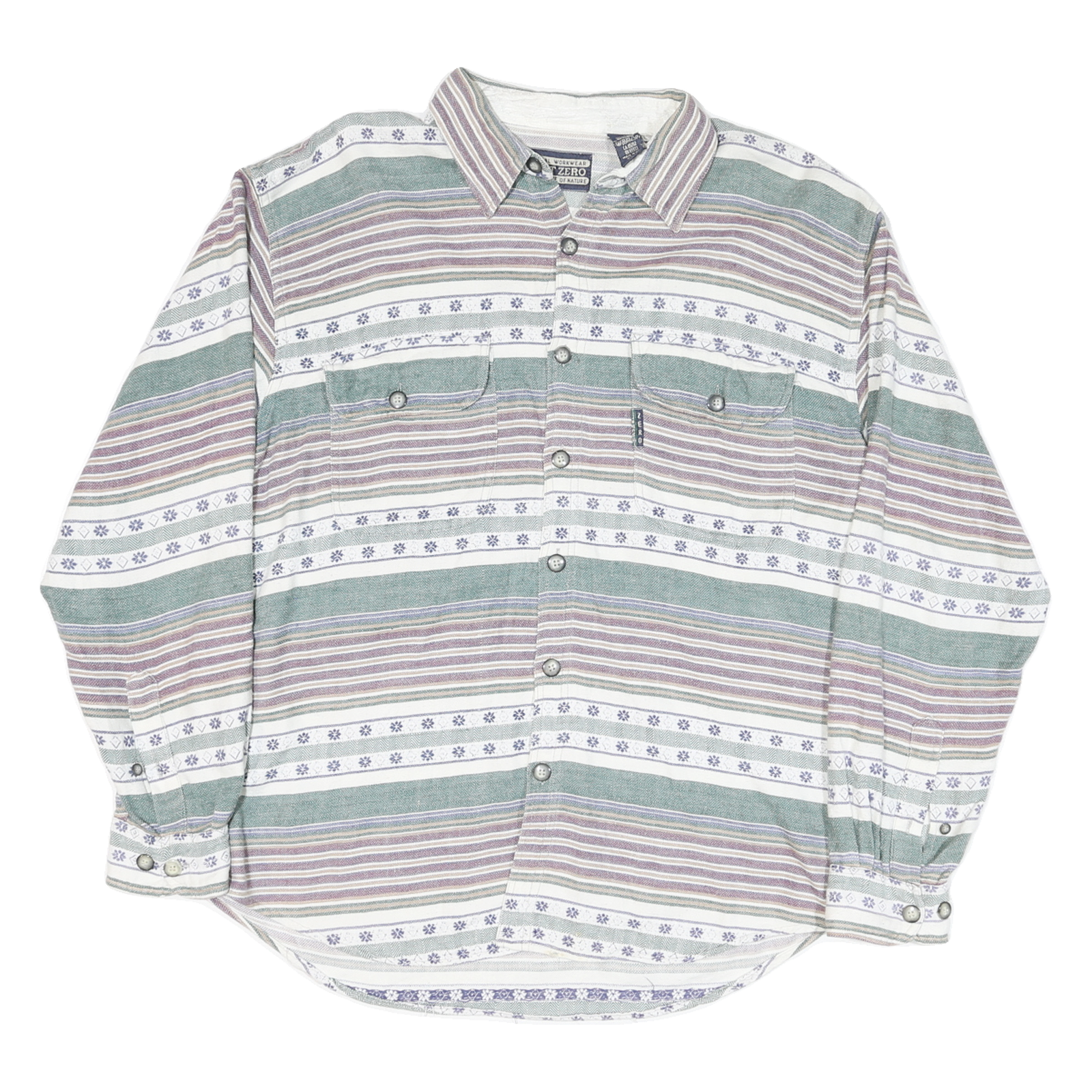POINT ZERO Mens Green & Purple Striped Cotton Blend Shirt M Casual Long Sleeve