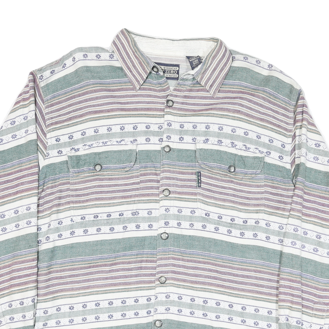 POINT ZERO Mens Green & Purple Striped Cotton Blend Shirt M Casual Long Sleeve