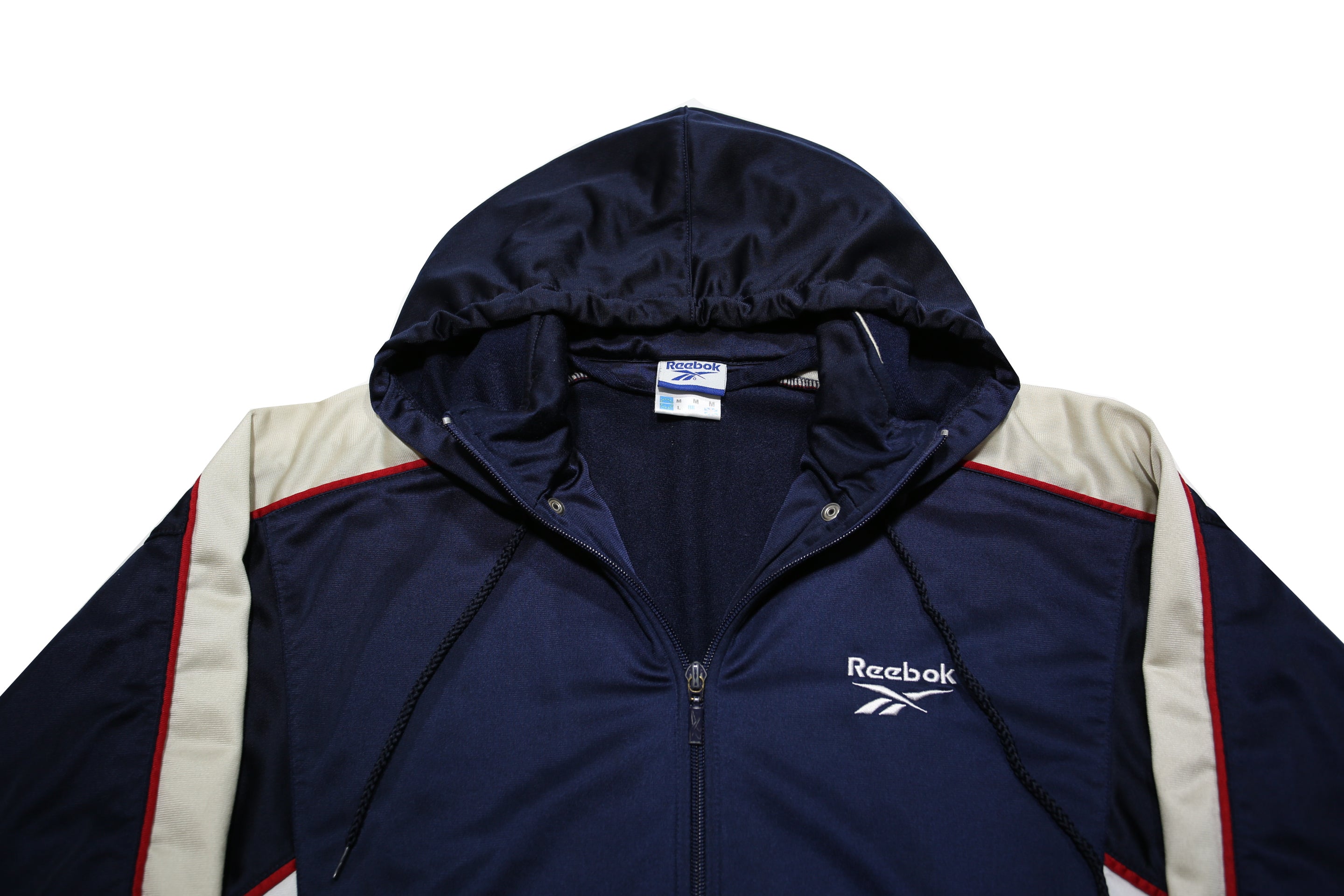 REEBOK Womens Navy Blue White & Red Hoodie Jacket M Polyester Track Zip