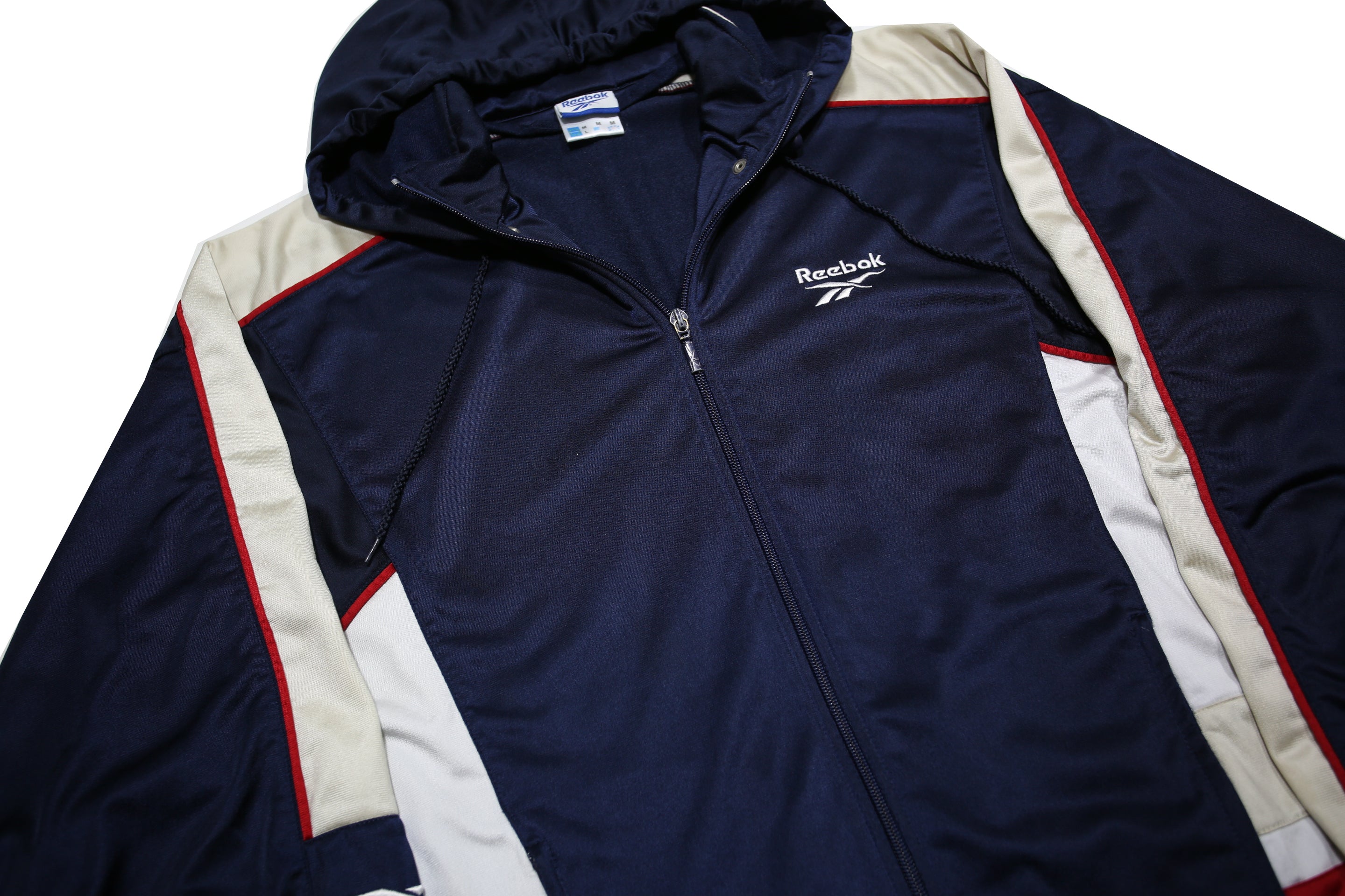 REEBOK Womens Navy Blue White & Red Hoodie Jacket M Polyester Track Zip