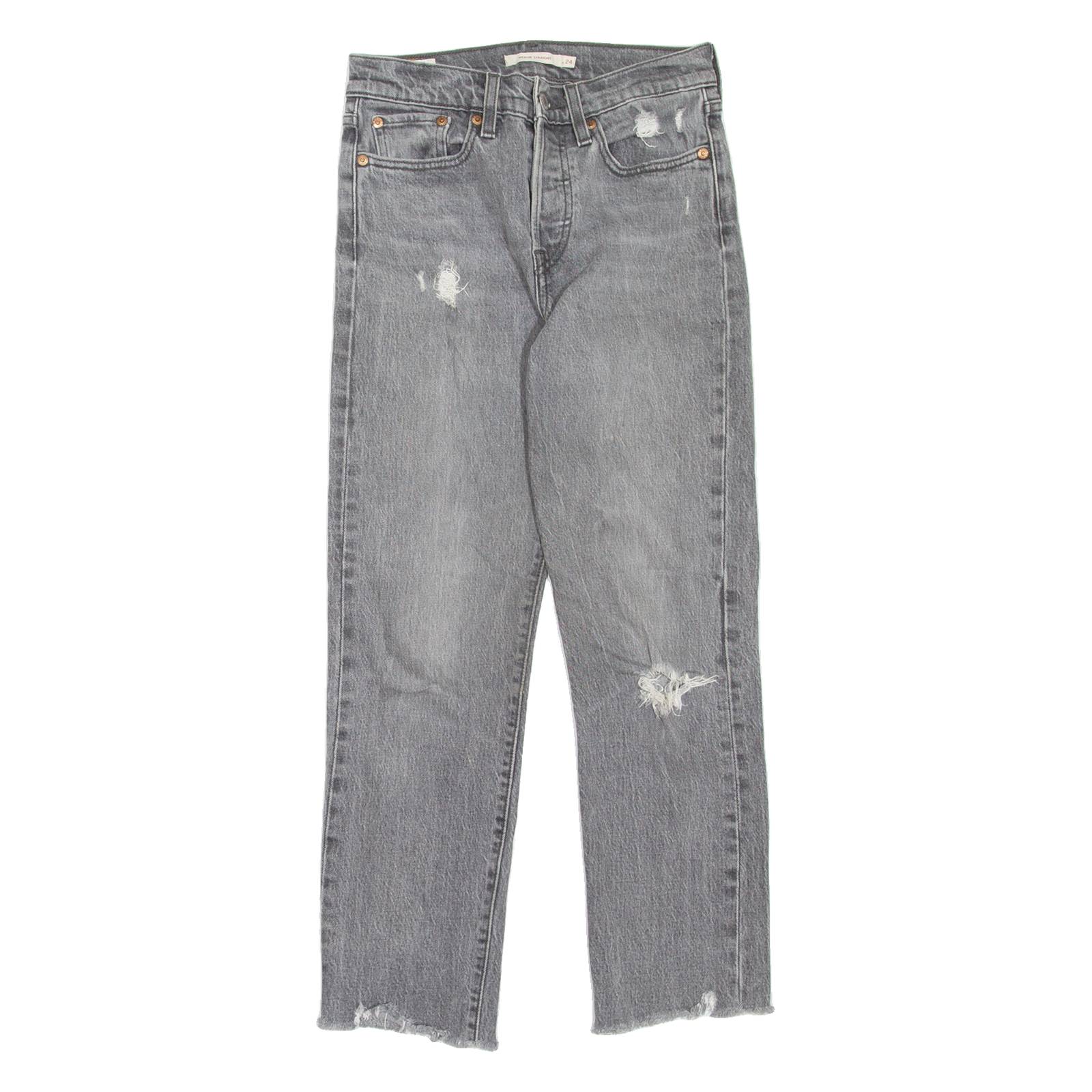 LEVI'S Wedgie BIG E Distressed Womens Jeans Grey Straight Stone Wash W24 L26