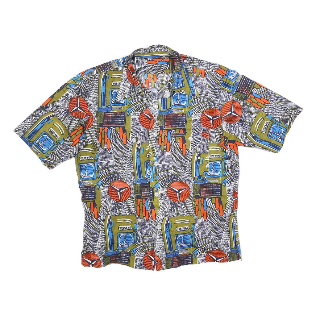 Mens Green Blue & Orange Patterned Polyester Blend Shirt S Casual Summer Button