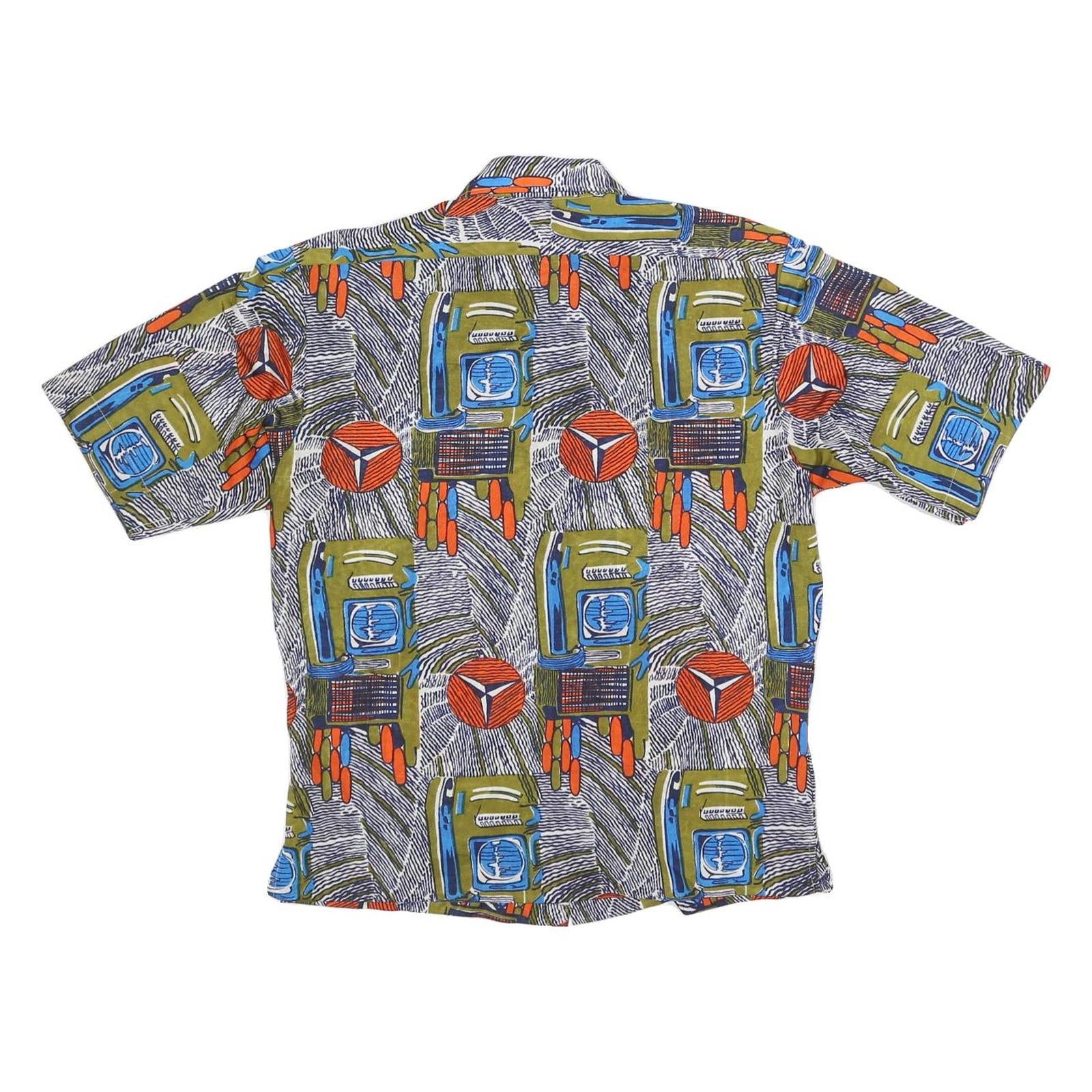 Mens Green Blue & Orange Patterned Polyester Blend Shirt S Casual Summer Button