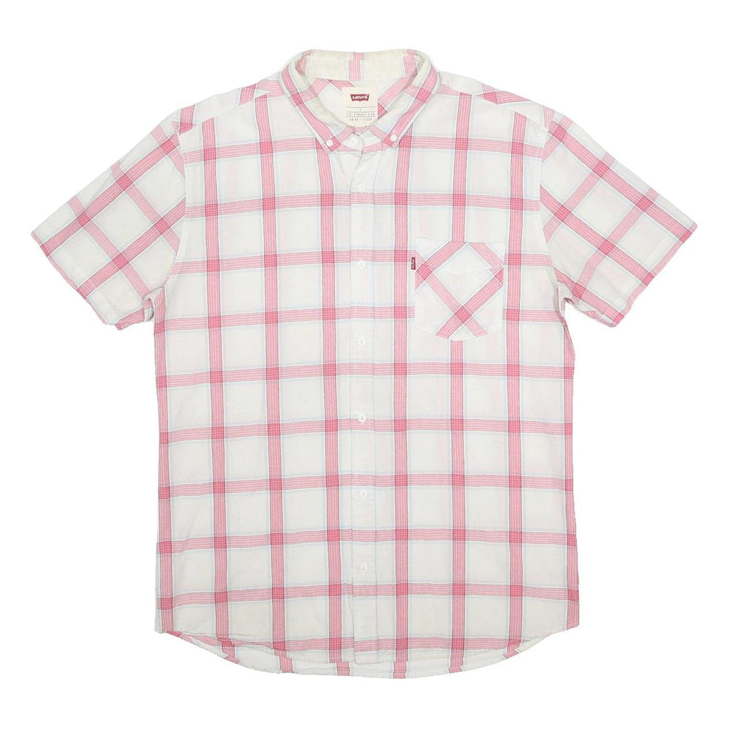 LEVI'S Mens White & Pink Check Shirt L Button Short Sleeve Casual Cotton Blend