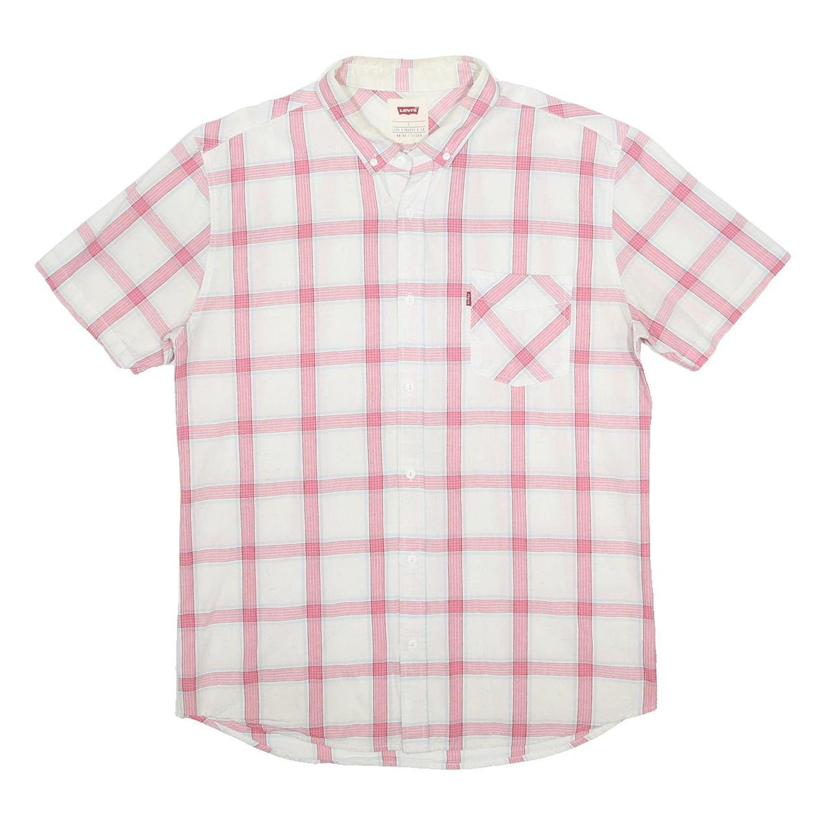 LEVI'S Mens White & Pink Check Shirt L Button Short Sleeve Casual Cotton Blend