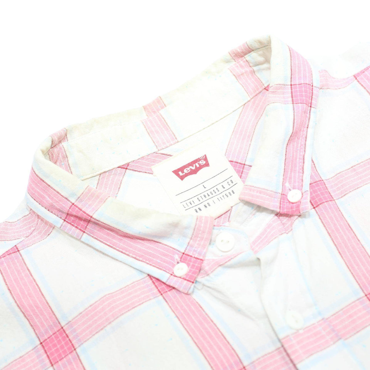 LEVI'S Mens White & Pink Check Shirt L Button Short Sleeve Casual Cotton Blend