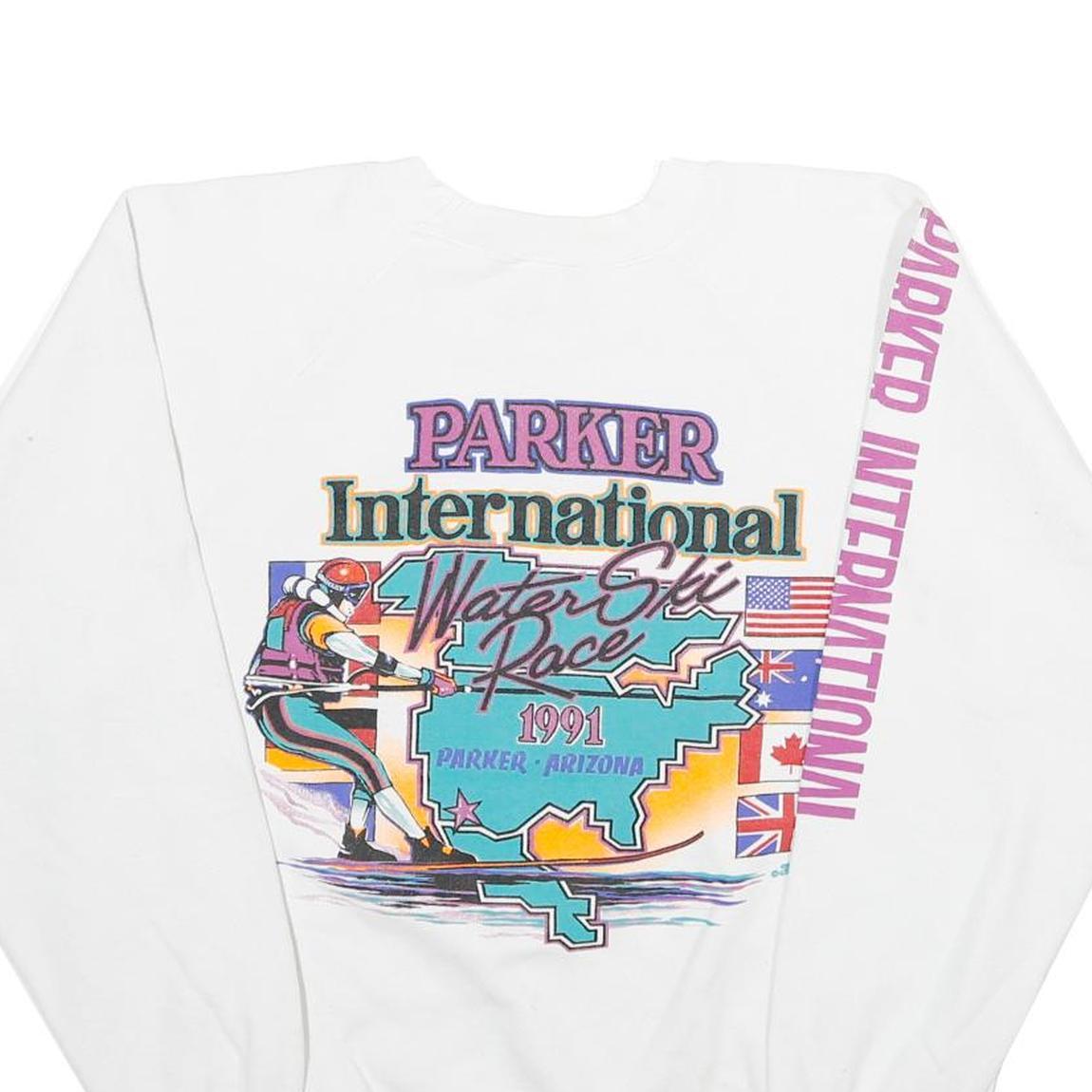 ONEITA Mens White Parker International Water Ski Race Crew Neck L Vintage