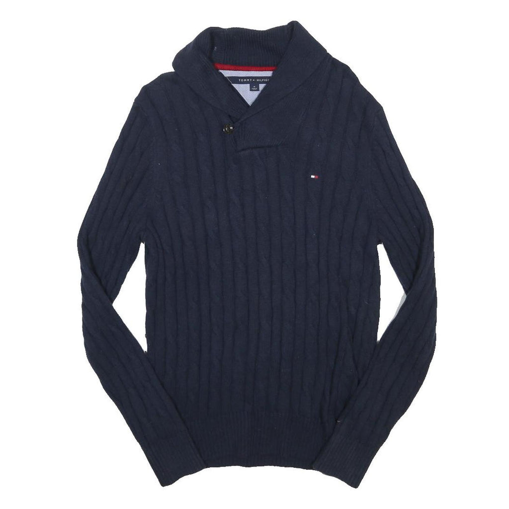 TOMMY HILFIGER Mens Blue Cable Knit Shawl Collar Jumper Cotton Blend M Button