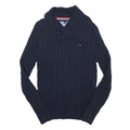 TOMMY HILFIGER Mens Blue Cable Knit Shawl Collar Jumper Cotton Blend M Button