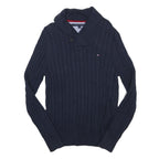 TOMMY HILFIGER Mens Blue Cable Knit Shawl Collar Jumper Cotton Blend M Button