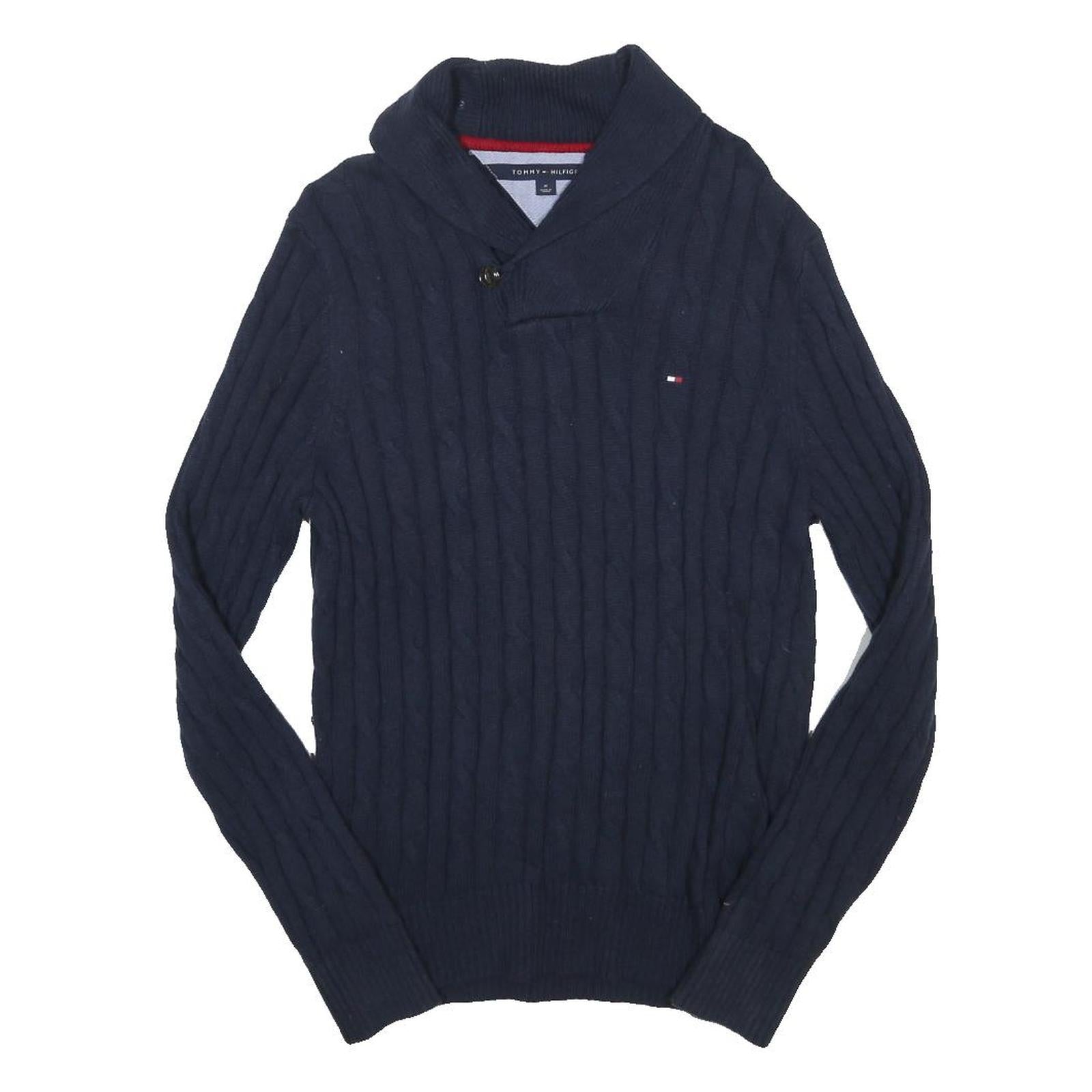 TOMMY HILFIGER Mens Blue Cable Knit Shawl Collar Jumper Cotton Blend M Button
