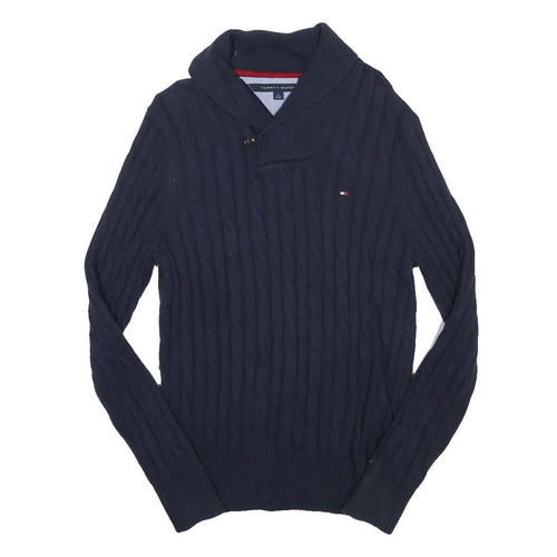 TOMMY HILFIGER Mens Blue Cable Knit Shawl Collar Jumper Cotton Blend M Button