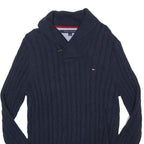 TOMMY HILFIGER Mens Blue Cable Knit Shawl Collar Jumper Cotton Blend M Button