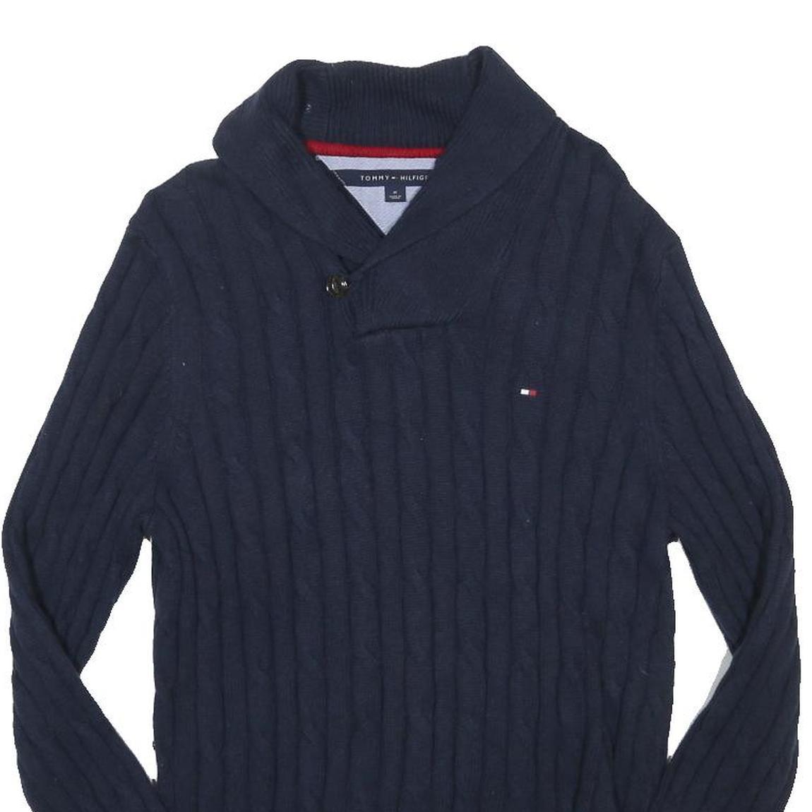 TOMMY HILFIGER Mens Blue Cable Knit Shawl Collar Jumper Cotton Blend M Button