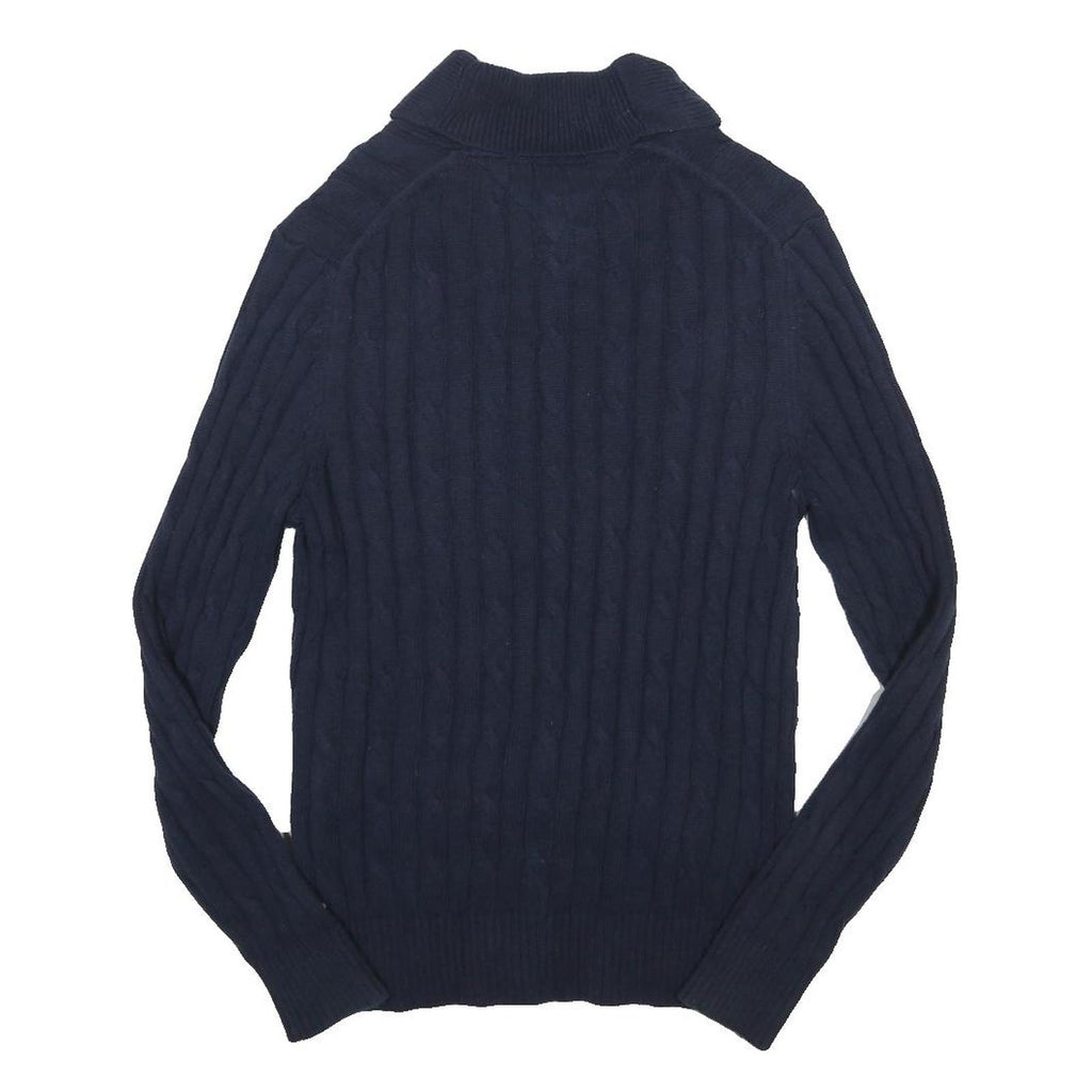 TOMMY HILFIGER Mens Blue Cable Knit Shawl Collar Jumper Cotton Blend M Button