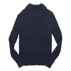 TOMMY HILFIGER Mens Blue Cable Knit Shawl Collar Jumper Cotton Blend M Button