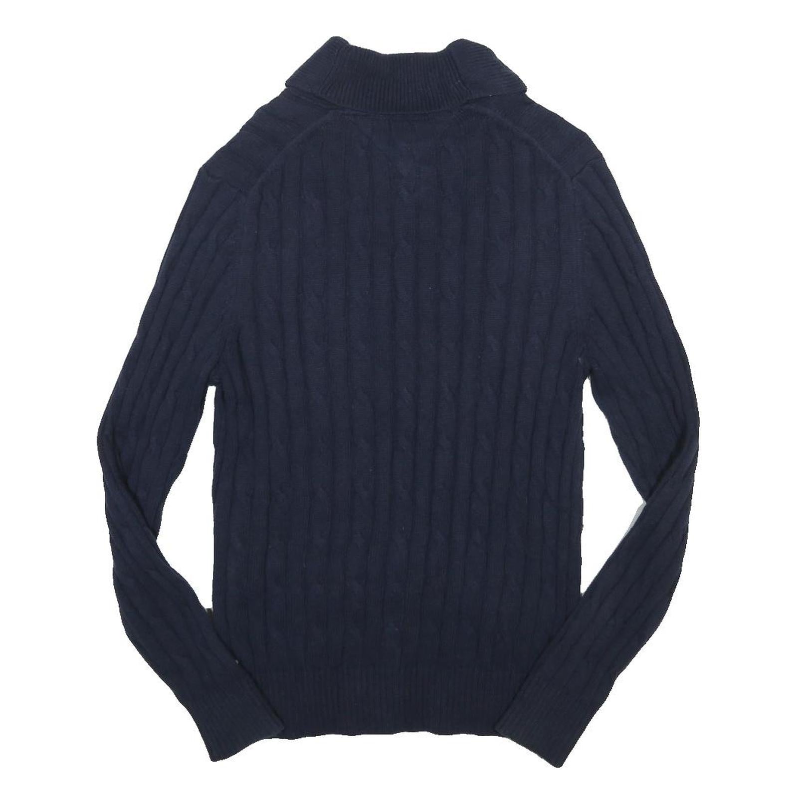 TOMMY HILFIGER Mens Blue Cable Knit Shawl Collar Jumper Cotton Blend M Button
