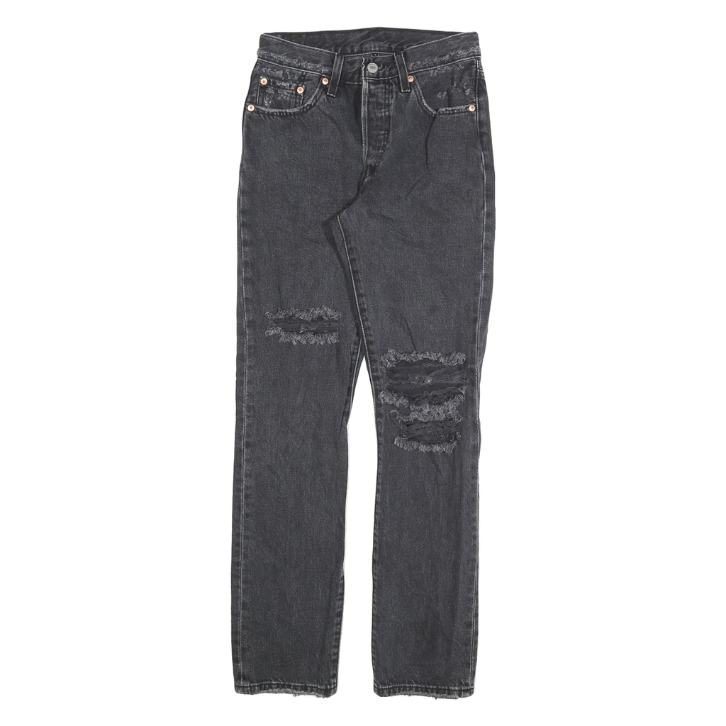 LEVI'S 501 Womens Jeans Black Regular Straight Denim Medium W24 L30 Distressed