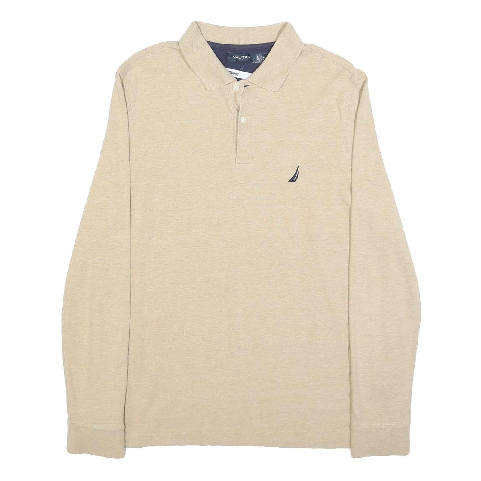 NAUTICA Mens Beige Long Sleeve Plain L Cotton Blend Polo Shirt Classic Fit
