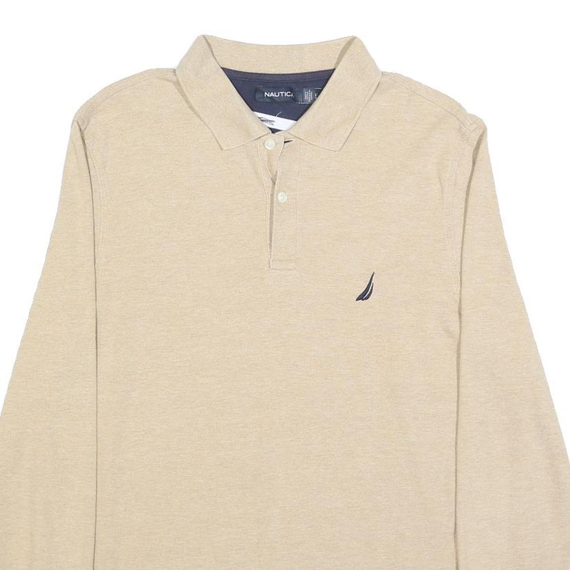 NAUTICA Mens Beige Long Sleeve Plain L Cotton Blend Polo Shirt Classic Fit