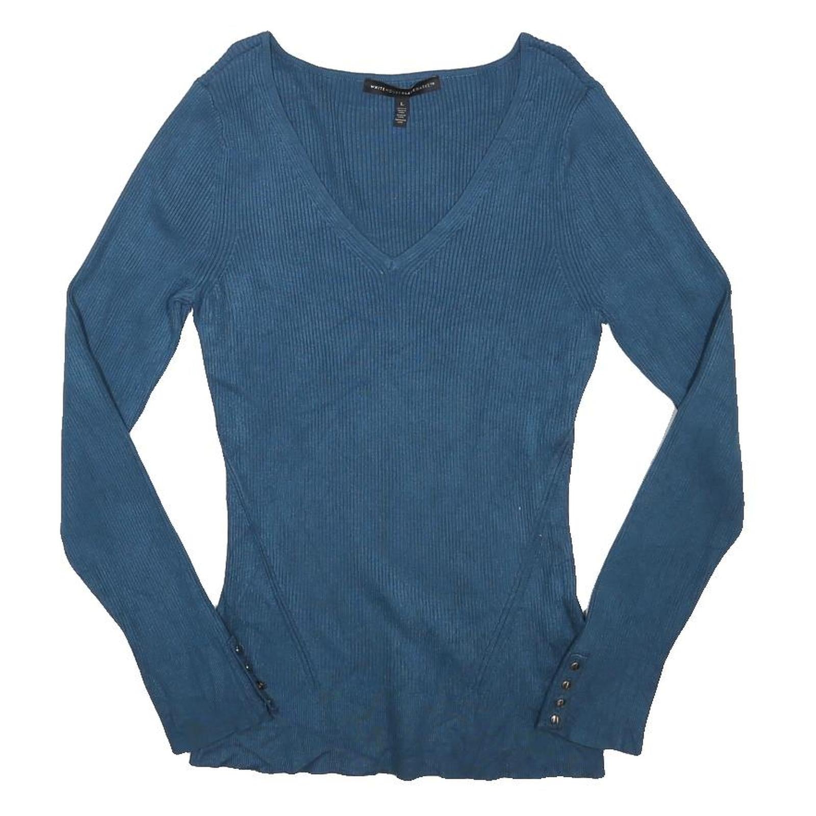 WHITE HOUSE BLACK MARKET Womens Blue Plain V-Neck Basic Knit Jumper L Stylish