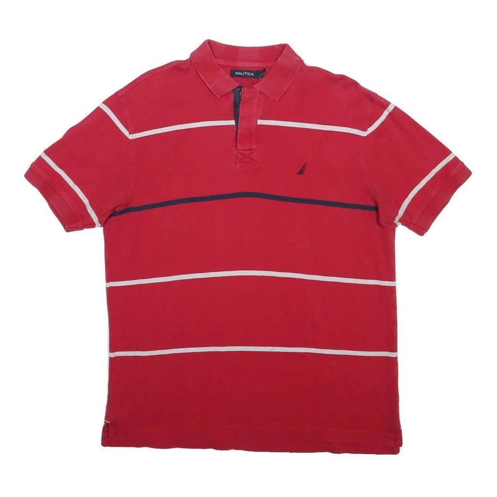 NAUTICA Mens Red & Navy Striped Short Sleeve Polo Shirt M Cotton Blend Casual