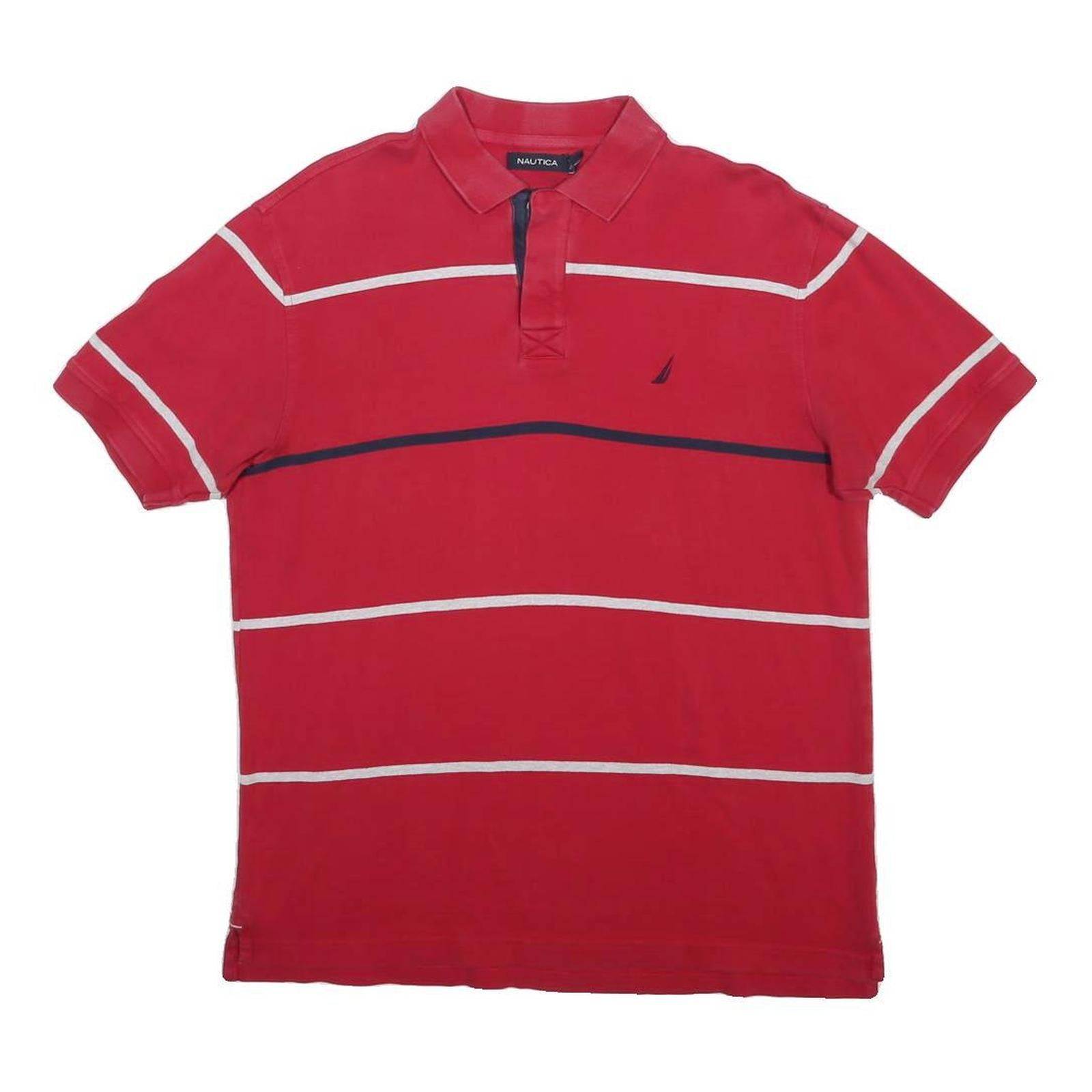 NAUTICA Mens Red & Navy Striped Short Sleeve Polo Shirt M Cotton Blend Casual